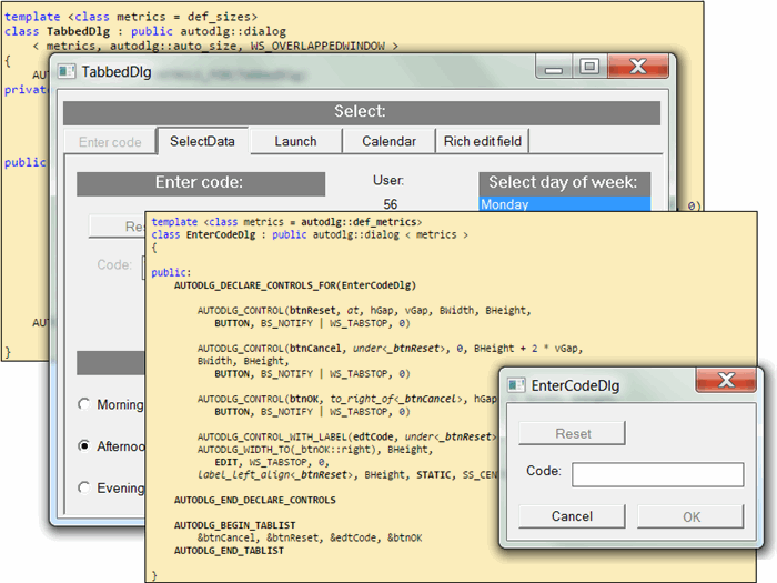 Windows dialog design in C++ without dialog templates.